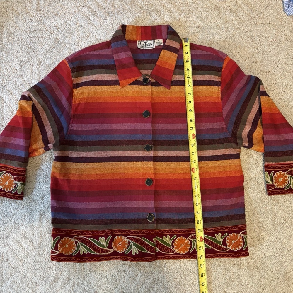 VTG Tantrums Women's XL Rainbow Stripe Cotton Jacket Light Coat Embroidered Trim - Picture 4 of 7